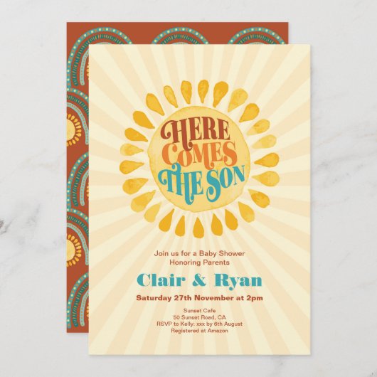 Retro Boy Baby Dusche, hier kommt der Sohn Einladung (Vorne/Hinten)