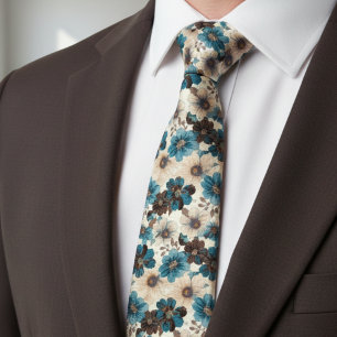 Retro Braun Blau Floral Krawatte