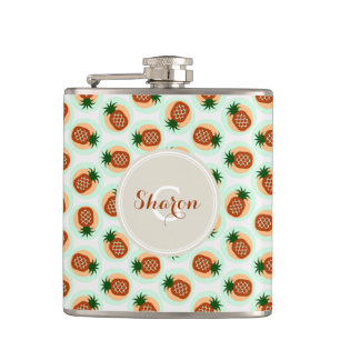 Retro braun und mintfarbene Ananasmuster Monogramm Flachmann