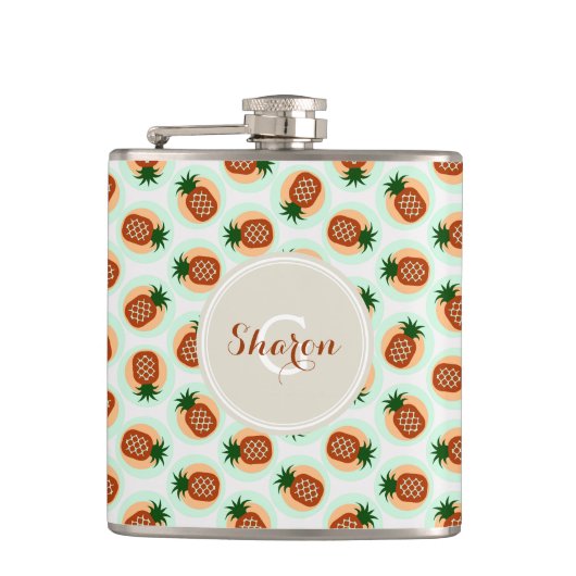 Retro braun und mintfarbene Ananasmuster Monogramm Flachmann (Vorderseite)