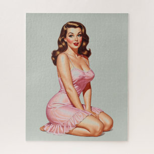 Retro-Braunhaar-Pin-up-Girl in Rosa Puzzle
