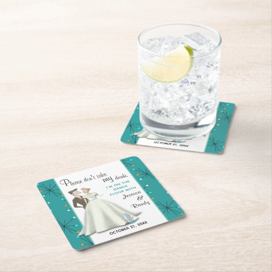 Retro Bride & Groom Rettete meinen Drink Paper Unt Rechteckiger Pappuntersetzer (Vor Ort)