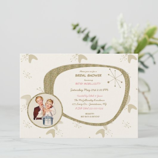 Retro Bridge 50er Mitte Jahrhundert Moderner Gold  Einladung (Stehend Vorderseite)