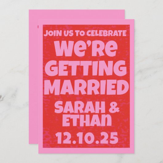 Retro Bright Bold Funky Pink Red Wedding Einladung (Vorne/Hinten)