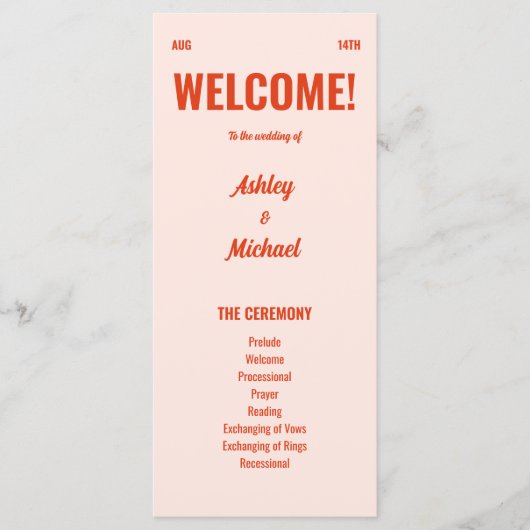 Retro Bright & Colorful Peach Hochzeit Programm (Vorderseite)