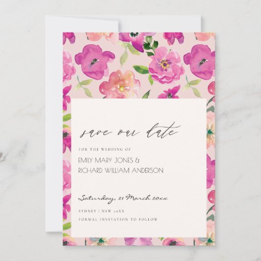 Retro Bright Pink Aquarellblume Save the Date Einladung (Vorderseite)