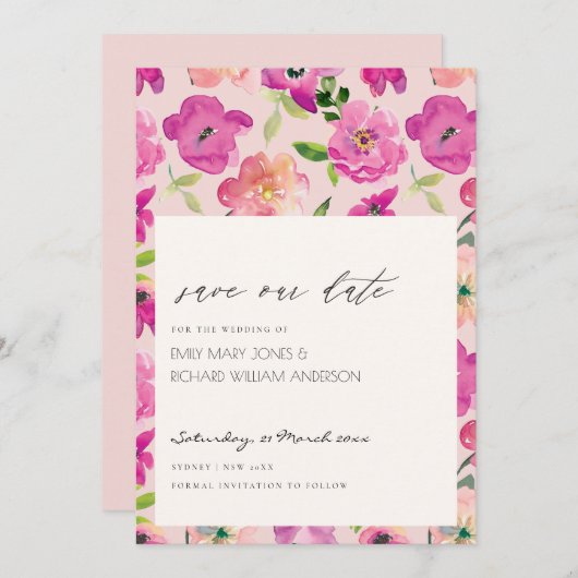 Retro Bright Pink Aquarellblume Save the Date Einladung (Vorne/Hinten)