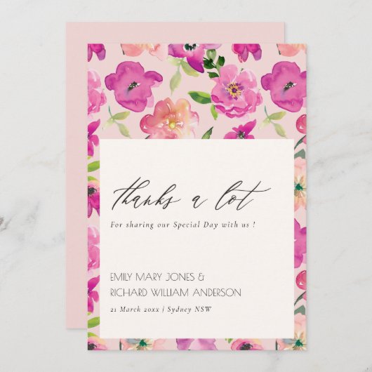 Retro Bright Pink Fun Aquarellfarben Blumenhochzei Dankeskarte (Vorne/Hinten)
