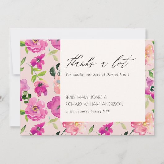 Retro Bright Pink Fun Aquarellfarben Blumenhochzei Dankeskarte (Vorderseite)