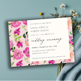 Retro Bright Pink Fun Aquarellfarben Blumenhochzei Einladung