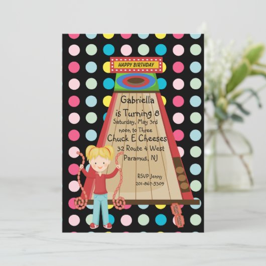 Retro, Bright und Polka Dot Arcade Einladung (Stehend Vorderseite)