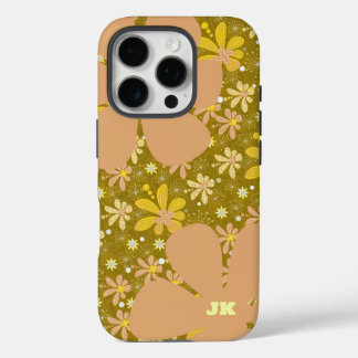 Retro Brown and Yellow Floral Monogram iPhone 16 Pro Hülle