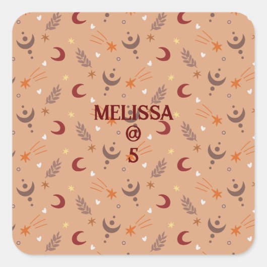Retro Brown Boho Whimsical Personalisiert Geburtst Quadratischer Aufkleber (Vorderseite)