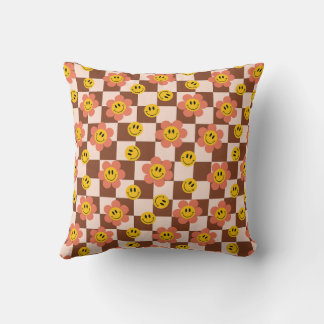 Retro Brown Checkered Pattern mit Blume Kissen