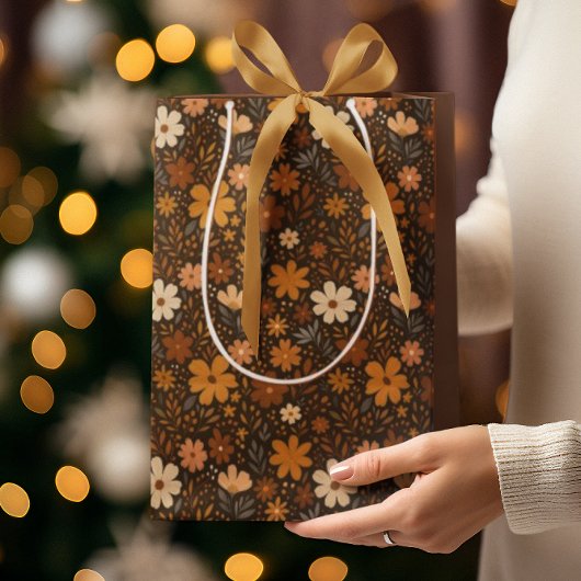 Retro Brown Floral Pattern Mittlere Geschenktüte