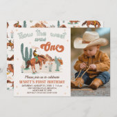 Retro Brown Foto Wie West war ein 1. Geburtstag Einladung (Vorne/Hinten)
