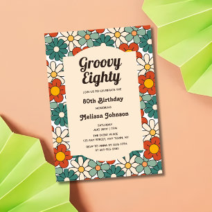 Retro Brown Green Floral Groovy 80. Geburtstag Einladung