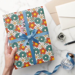Retro Brown Green Hippie Floral Groovy Geschenkpapier