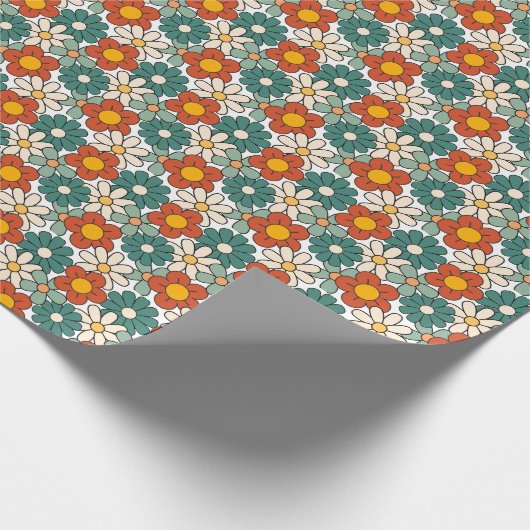 Retro Brown Green Hippie Floral Groovy Geschenkpapier (Ecke)