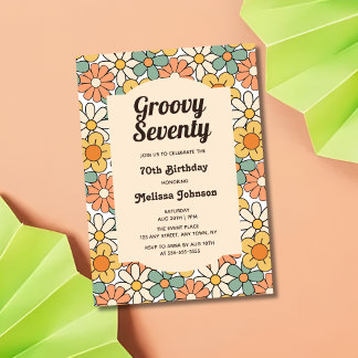 Retro Brown Peach Floral Groovy 70. Geburtstag Einladung