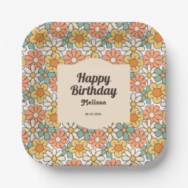 Retro Brown Peach Floral Groovy Geburtstag Pappteller