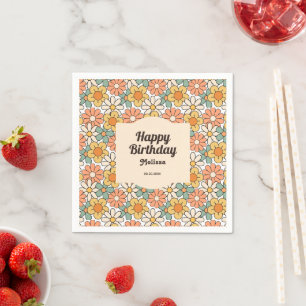 Retro Brown Peach Floral Groovy Geburtstag Serviette