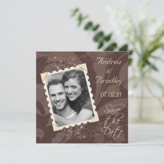 Retro Brown und Elfenbeinkühe Foto Hochzeit Sicher Save The Date (Stehend Vorderseite)