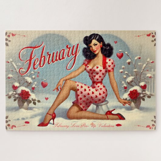 Retro Brünettes Button-Up Girl im Februar Puzzle (Horizontal)