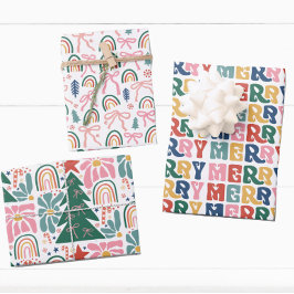 Retro Bubble Letter and Bows Kinder Weihnachten Geschenkpapier Set