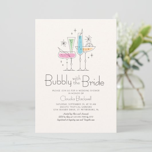 Retro Bubbly Champagne Bridal Dusche Einladung (Stehend Vorderseite)