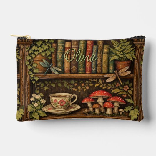 Retro Bücherregal Libellen Blumenmuster Zubehörtasche (Vorderseite)