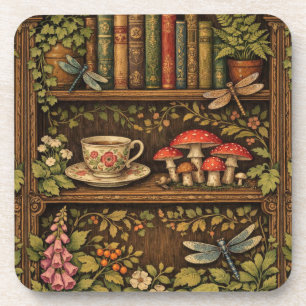 Retro Bücherregal Pilze Kaffee floral Getränkeuntersetzer