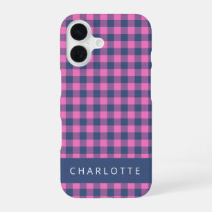 Retro-Buffalo-Kariert Rosa Blau Personalisierter N iPhone 16 Hülle
