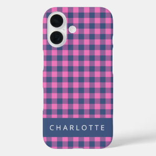 Retro Buffalo Kariert rosa Personalisierter Name iPhone 16 Hülle
