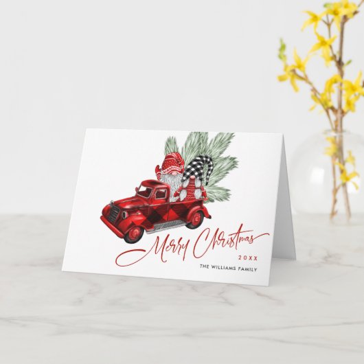 Retro Buffalo Red Truck Gnomes Rustikales Weihnach Karte (Gelbe Blume)