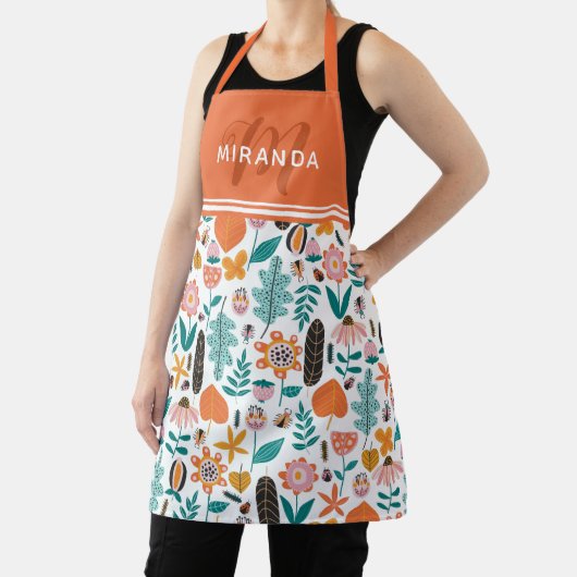 Retro Bugs & Blume Muster Orangefarbenes Monogramm Schürze (InSitu)