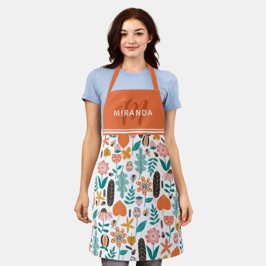 Retro Bugs & Blume Muster Orangefarbenes Monogramm Schürze (Getragen)