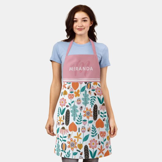 Retro Bugs & Blume Muster rosa Monogramm Schürze (Getragen)