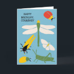 Retro-Bugs Personalisierter Geburtstag Karte<br><div class="desc">Diese lustige, bug-thematische Grußkarte ist bereit, mit Ihrer eigenen Nachricht auf der Vorderseite und auf der Innenseite dieser Karte personalisiert zu sein. Erstellen Sie die perfekte Karte für jeden Anlass. Sie finden hier fette, moderne Retro-Illustrationen von Käfern, Libellen, Motten, Zicada und einem hellblauen Set, das es zum idealen Begleiter für...</div>