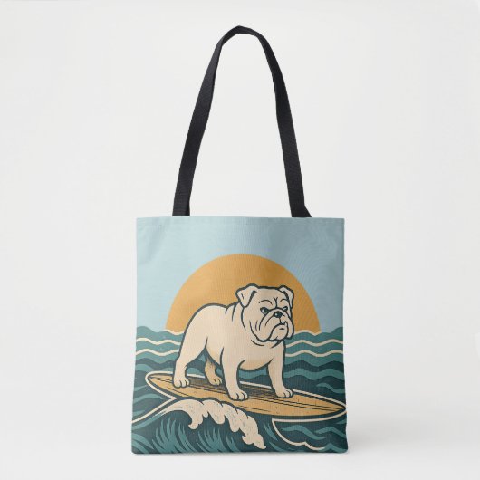 Retro Bulldog Surfer | Blue Surf Dog Graphic Beach Tasche (Vorderseite)