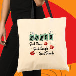 Retro Bunco Tragetasche<br><div class="desc">Retro Bunco Design mit roten Würfeln. Das Design umfasst die Retro-Farben der 50er Jahre. Gute Freunde,  gute Zeiten und gutes Lachen machen einen großartigen Preis oder Geschenk.</div>