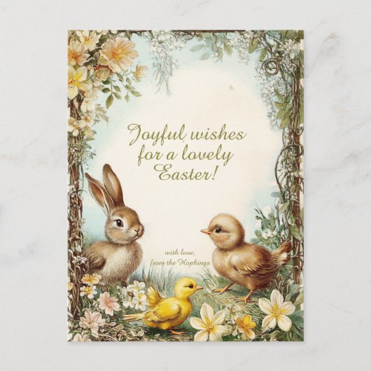 🐇 Retro Bunny & Chicks Freude Feiertagspostkarte (Vorderseite)