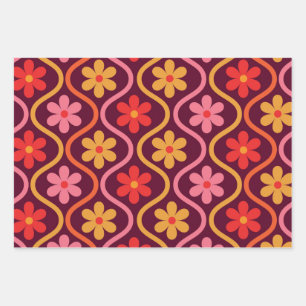 Retro-bunte Blumen auf vintage Ogee-Muster  Geschenkpapier Set
