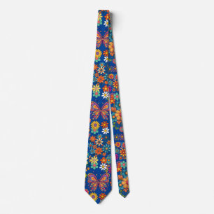 Retro-bunte Blumenmuster. Blauer Hintergrund Krawatte