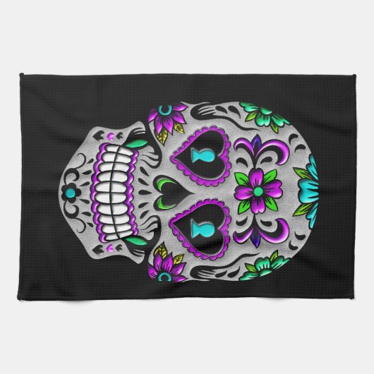 Retro bunter Zuckerschädel Geschirrtuch (Horizontal)