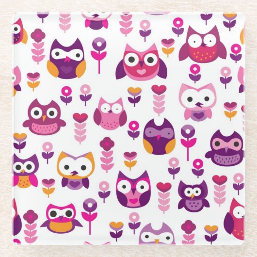 Retro buntes Eulenvogelmuster Glasuntersetzer (Vorderseite)