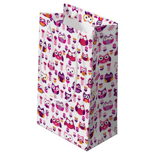 Retro buntes Eulenvogelmuster Kleine Geschenktüte (Rückseite Schrägansicht)