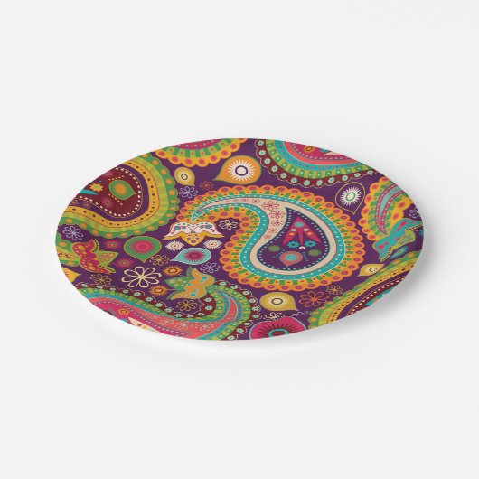 Retro buntes schönes Boho Bohemisches Paisley Pappteller (Schrägansicht)