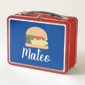 Retro Burger Blue Red Kids Name Metal Lunch Box (Vorderseite)