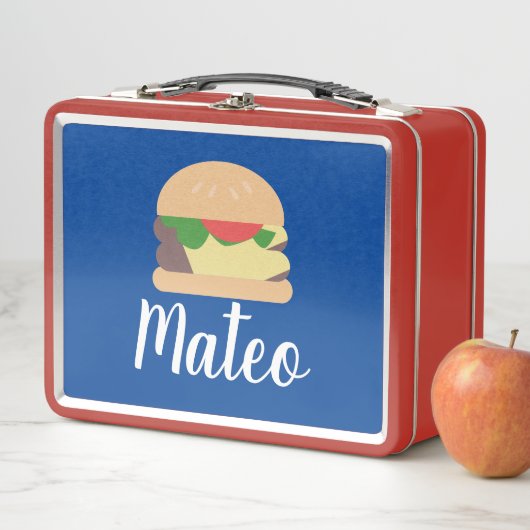 Retro Burger Blue Red Kids Name Metal Lunch Box (Beispiel)
